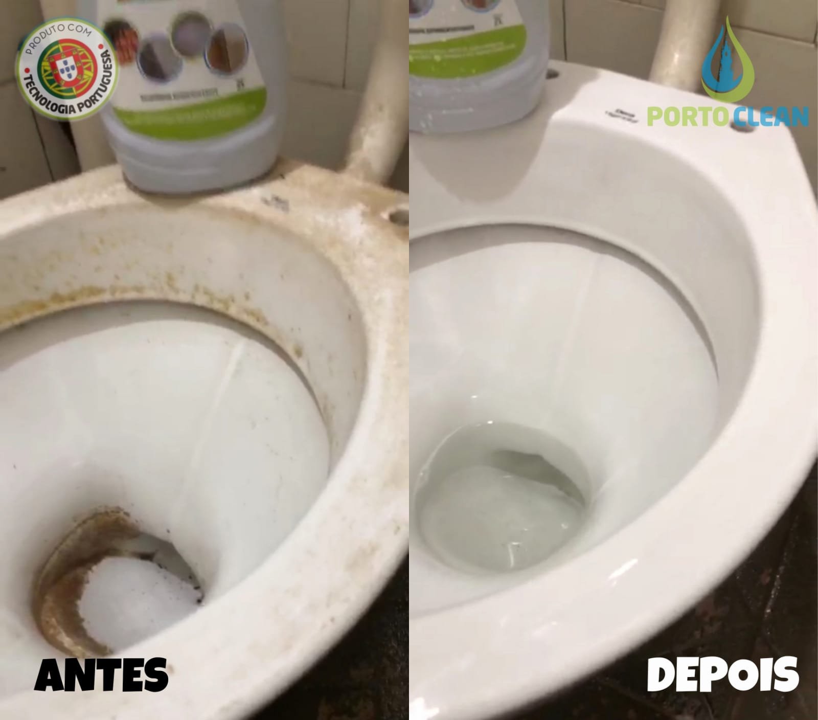 Antes e depois de vaso sanitário encardido
